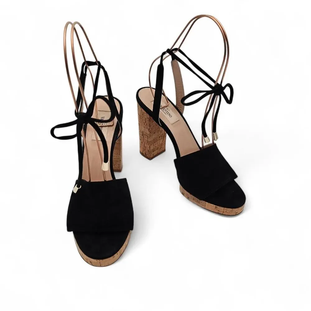 Valentino Garavani Cork Ankle Tie Heel Plaform Sandal Black Suede Size 39 US 9